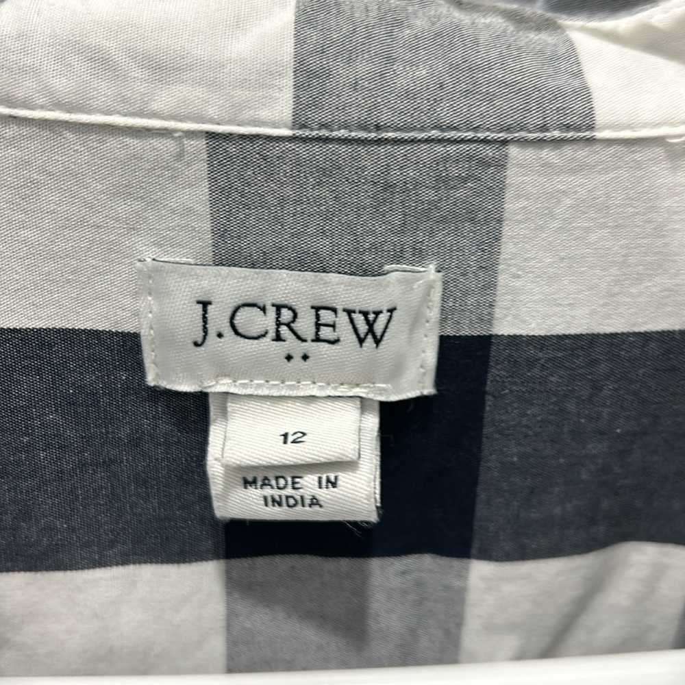 J. Crew Navy and White Buffalo Check Long Sleeve Shirt Dress with Waist Tie - Picture 2 of 8